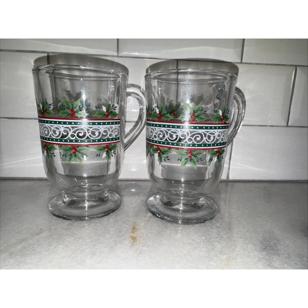 Arbys Footed Coffee Mugs ~ Holly‎ Berry Stripe/scroll ~ Set of 2 GW992